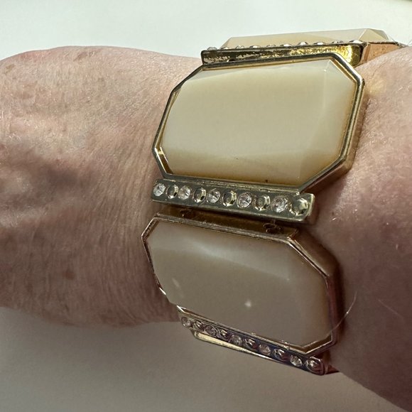 Unbranded gold tone with ivory faceted and crystal stones stretch cuff bracelet - Picture 3 of 5